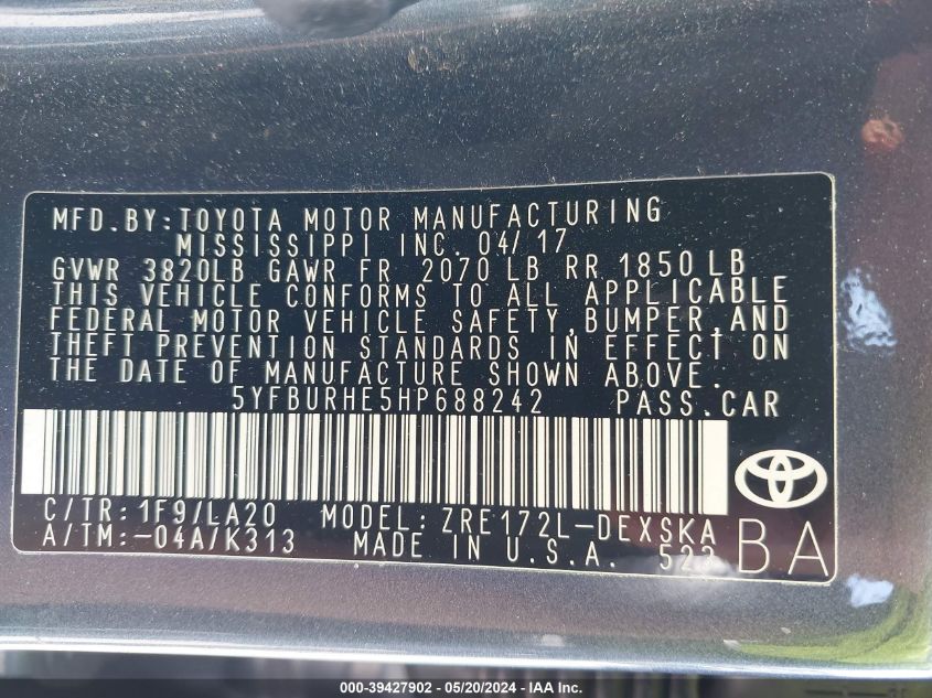 2017 Toyota Corolla Xse VIN: 5YFBURHE5HP688242 Lot: 39427902