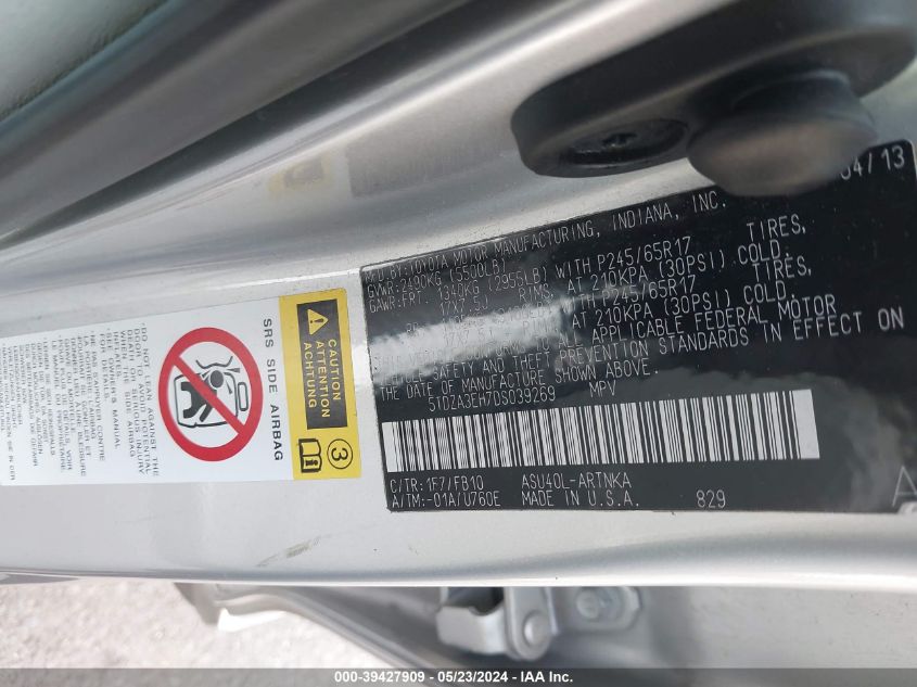 2013 Toyota Highlander VIN: 5TDZA3EH7DS039269 Lot: 39427909