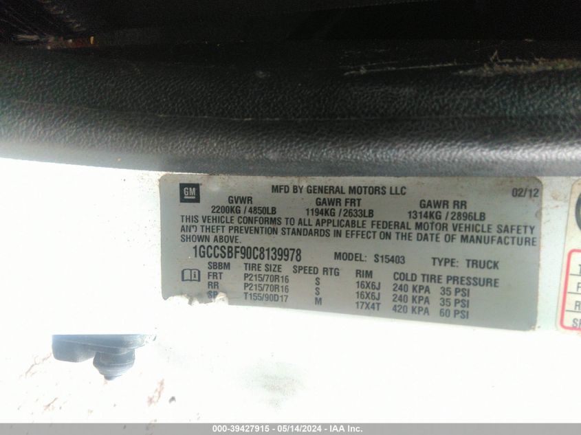 2012 Chevrolet Colorado Work Truck VIN: 1GCCSBF90C8139978 Lot: 39427915