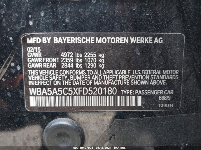 2015 BMW 528I VIN: WBA5A5C5XFD520180 Lot: 39427921