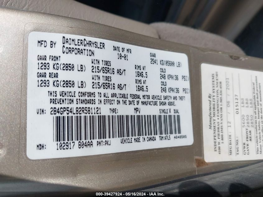 2002 Dodge Grand Caravan Es VIN: 2B4GP54L82R581121 Lot: 39427924