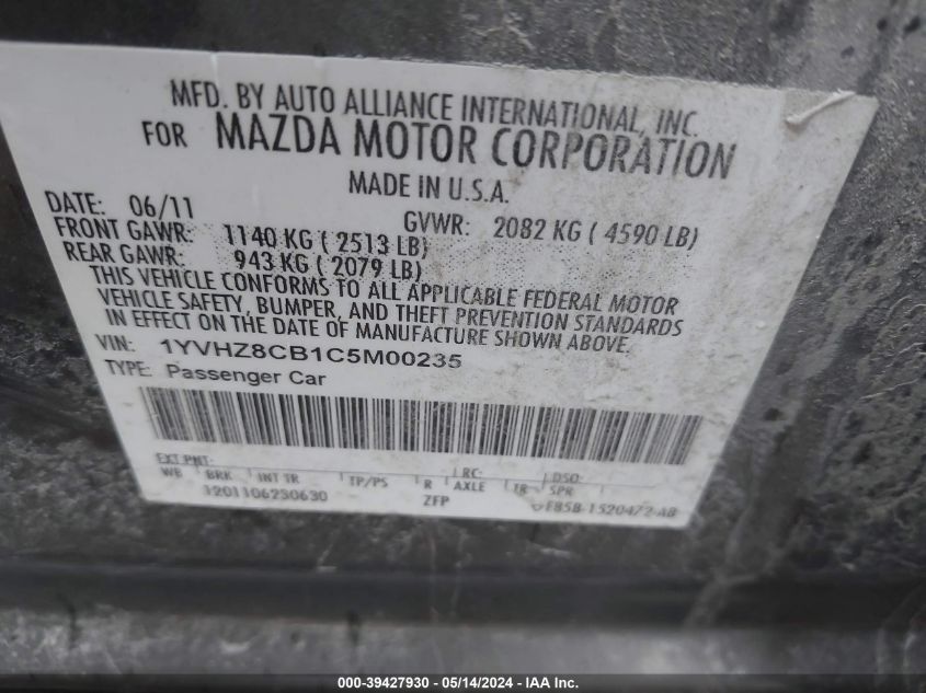 2012 Mazda Mazda6 S Grand Touring VIN: 1YVHZ8CB1C5M00235 Lot: 39427930