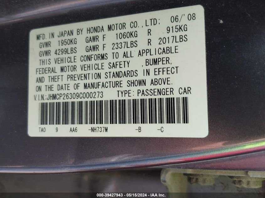 2009 Honda Accord 2.4 Lx VIN: JHMCP26309C000273 Lot: 39427943