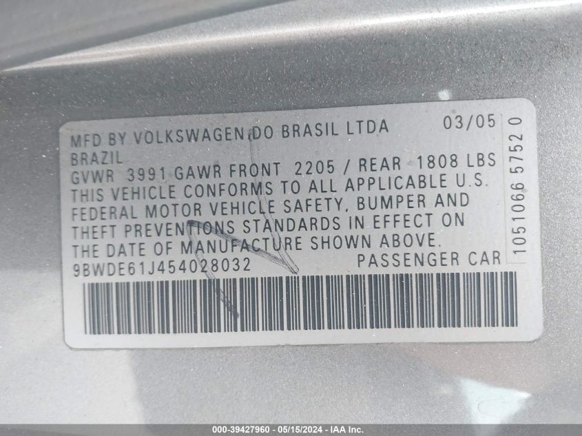 2005 Volkswagen Gti 1.8T VIN: 9BWDE61J454028032 Lot: 39427960