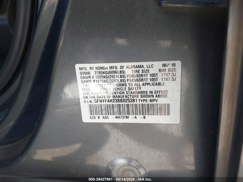 2011 Honda Pilot Lx VIN: 5FNYF4H23BB025381 Lot: 39427961