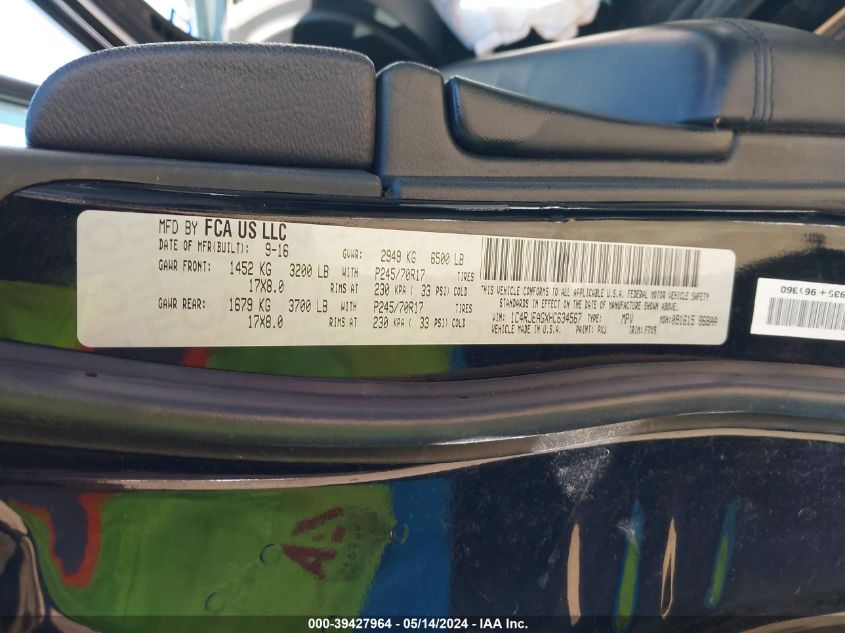 2017 Jeep Grand Cherokee Laredo 4X2 VIN: 1C4RJEAGXHC634567 Lot: 39427964