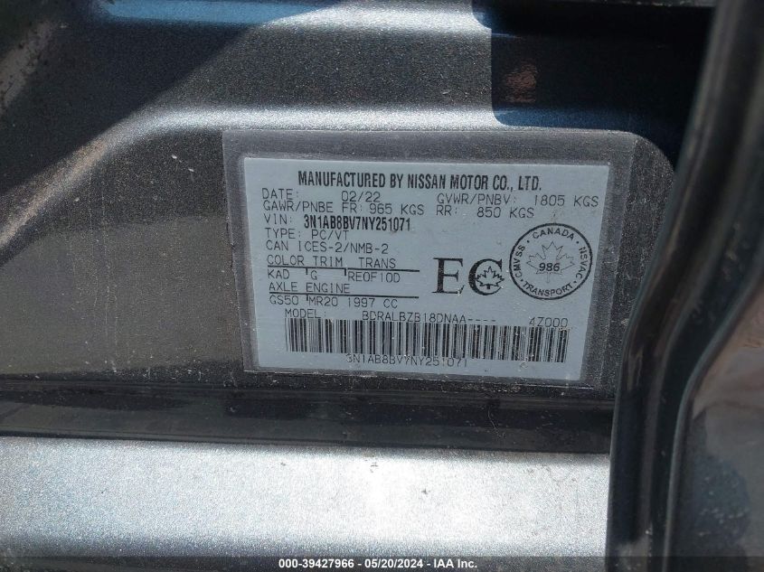 2022 Nissan Sentra S Xtronic Cvt VIN: 3N1AB8BV7NY251071 Lot: 39427966