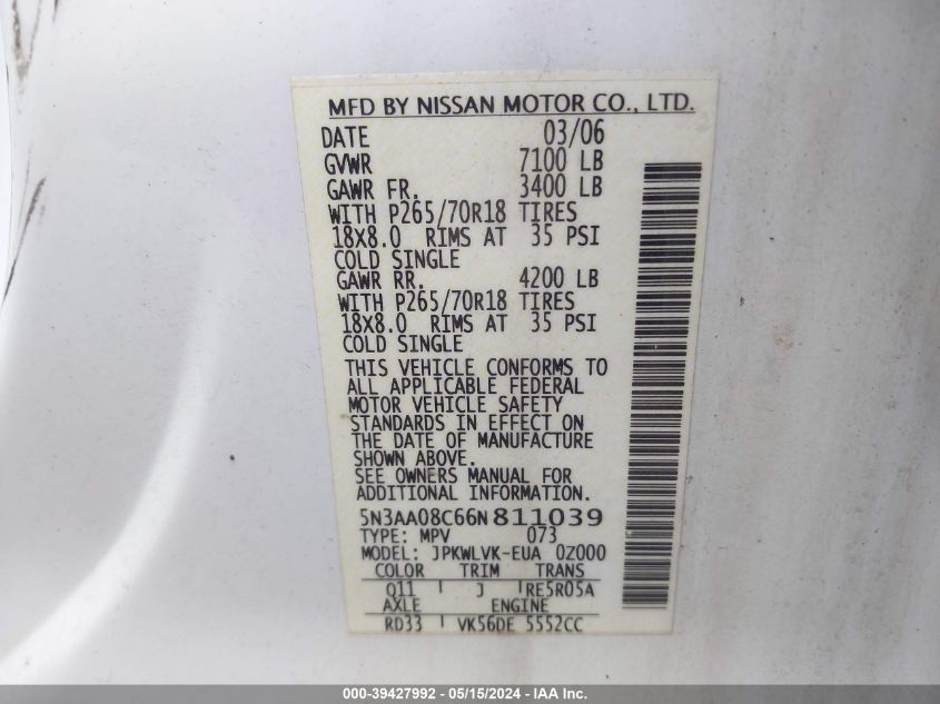 2006 Infiniti Qx56 VIN: 5N3AA08C66N811039 Lot: 39427992