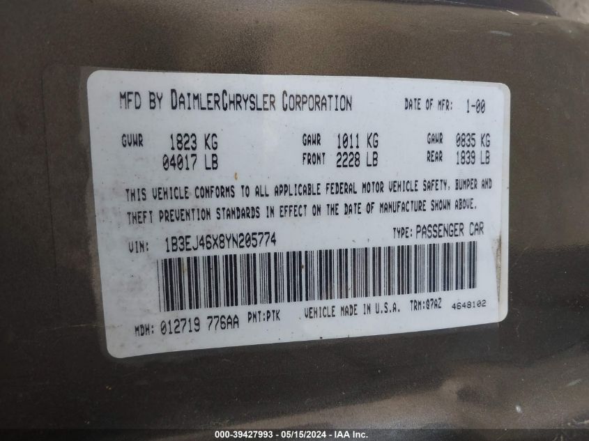 2000 Dodge Stratus Se VIN: 1B3EJ46X8YN205774 Lot: 39427993