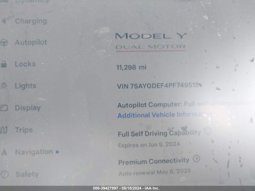 2023 Tesla Model Y Awd/Performance Dual Motor All-Wheel Drive VIN: 7SAYGDEF4PF749515 Lot: 39427997