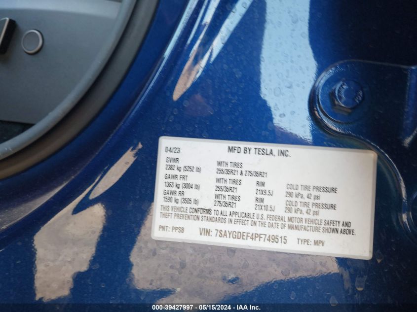 2023 Tesla Model Y Awd/Performance Dual Motor All-Wheel Drive VIN: 7SAYGDEF4PF749515 Lot: 39427997