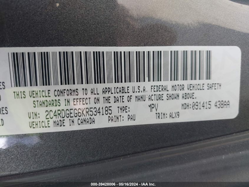 2019 Dodge Grand Caravan Gt VIN: 2C4RDGEG6KR534185 Lot: 39428006