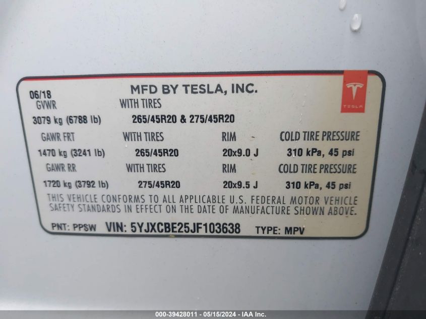 2018 Tesla Model X 100D/75D/P100D VIN: 5YJXCBE25JF103638 Lot: 39428011