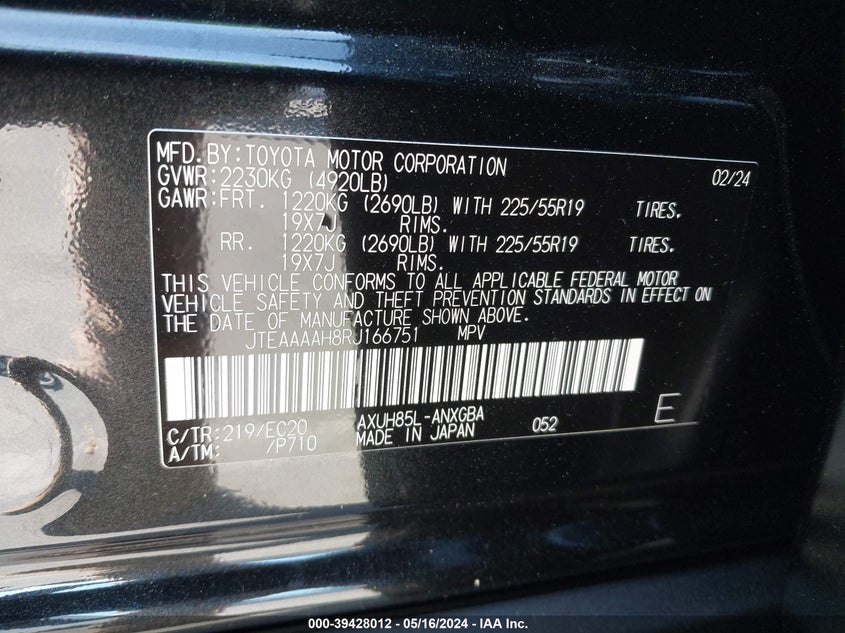 VIN JTEAAAAH8RJ166751 2024 TOYOTA VENZA LE/XLE/LIMITED/NIGHT SHAD