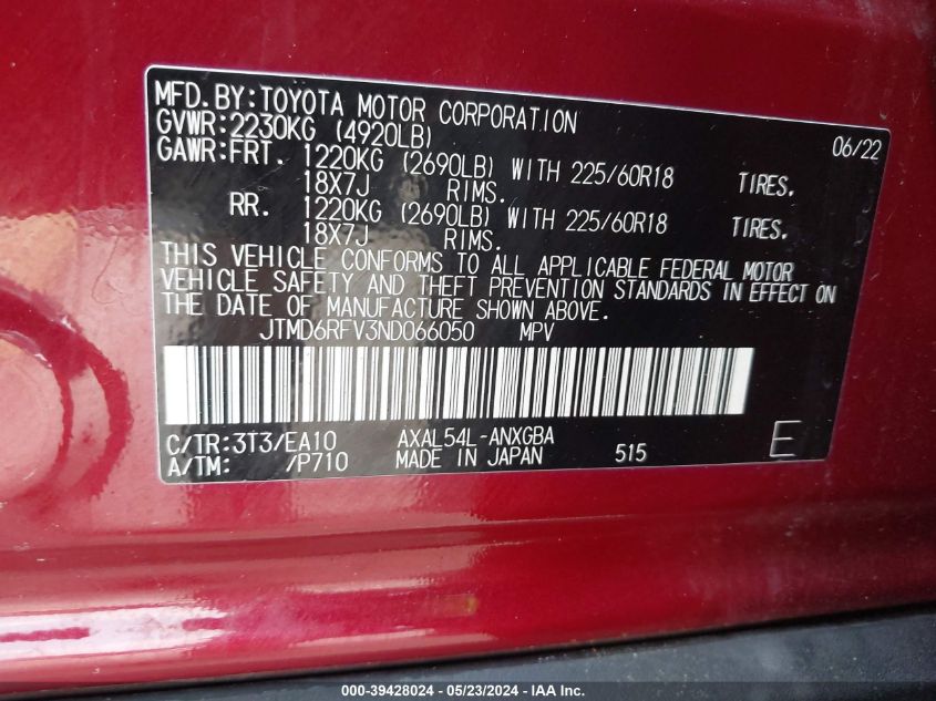 2022 Toyota Rav4 Limited Hybrid VIN: JTMD6RFV3ND066050 Lot: 39428024