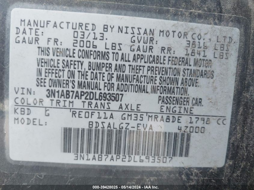 2013 Nissan Sentra Sl VIN: 3N1AB7AP2DL693507 Lot: 39428025