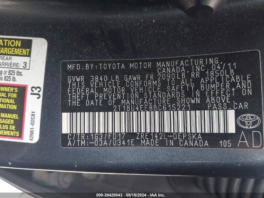 2011 Toyota Corolla S VIN: 2T1BU4EE8BC615221 Lot: 39428043