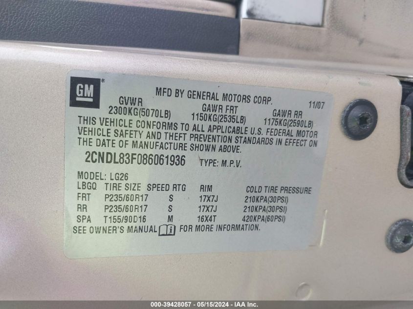 2008 Chevrolet Equinox Ltz VIN: 2CNDL83F086061936 Lot: 39428057