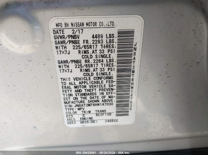 2017 Nissan Rogue S VIN: JN8AT2MT6HW147030 Lot: 39428061