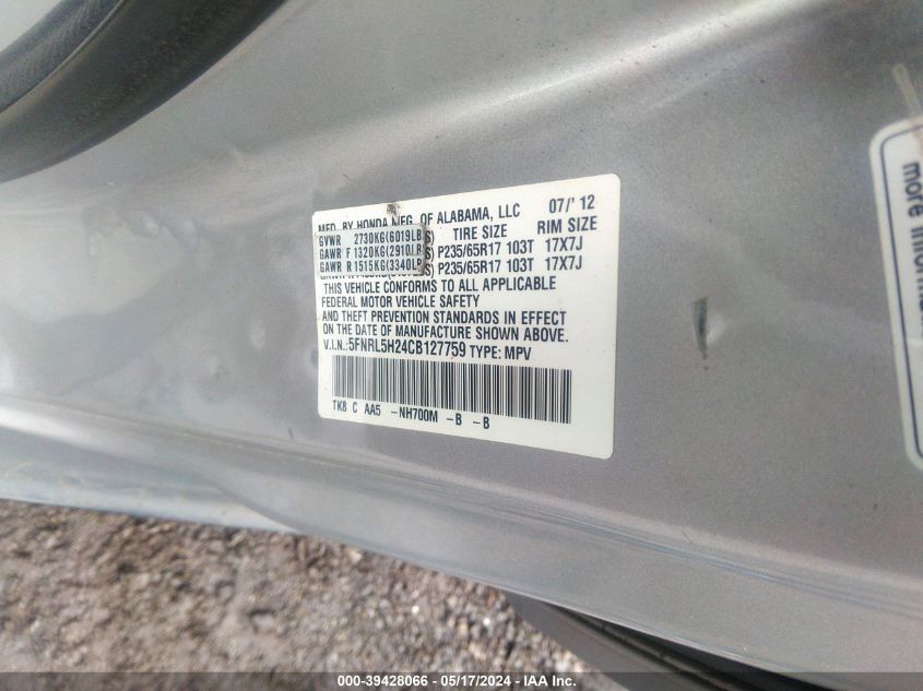 2012 Honda Odyssey Lx VIN: 5FNRL5H24CB127759 Lot: 39428066