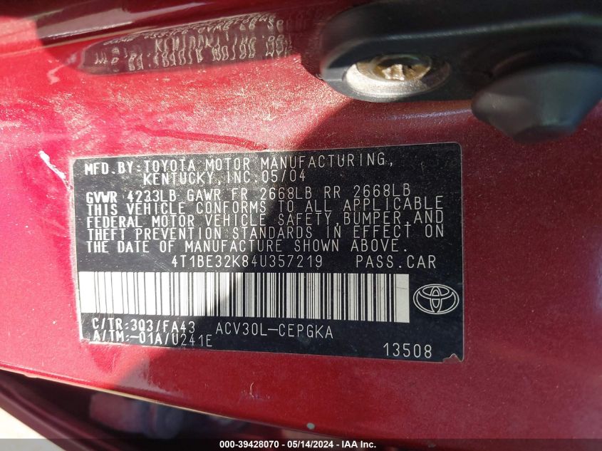 2004 Toyota Camry Xle VIN: 4T1BE32K84U357219 Lot: 39428070