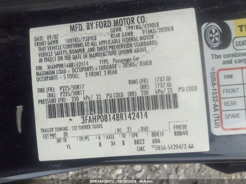 2008 Ford Fusion Sel VIN: 3FAHP08148R142414 Lot: 39428072