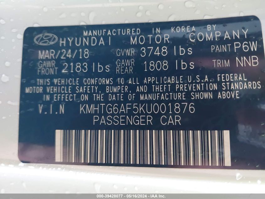 2019 Hyundai Veloster 2.0 VIN: KMHTG6AF5KU001876 Lot: 39428077