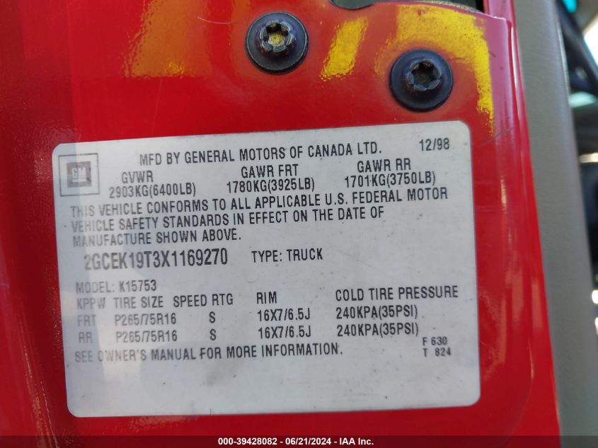 1999 Chevrolet Silverado 1500 Ls VIN: 2GCEK19T3X1169270 Lot: 39428082