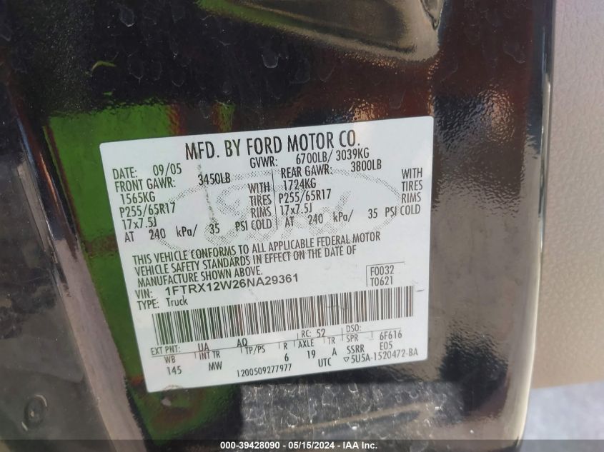 2006 Ford F-150 Stx/Xl/Xlt VIN: 1FTRX12W26NA29361 Lot: 39428090