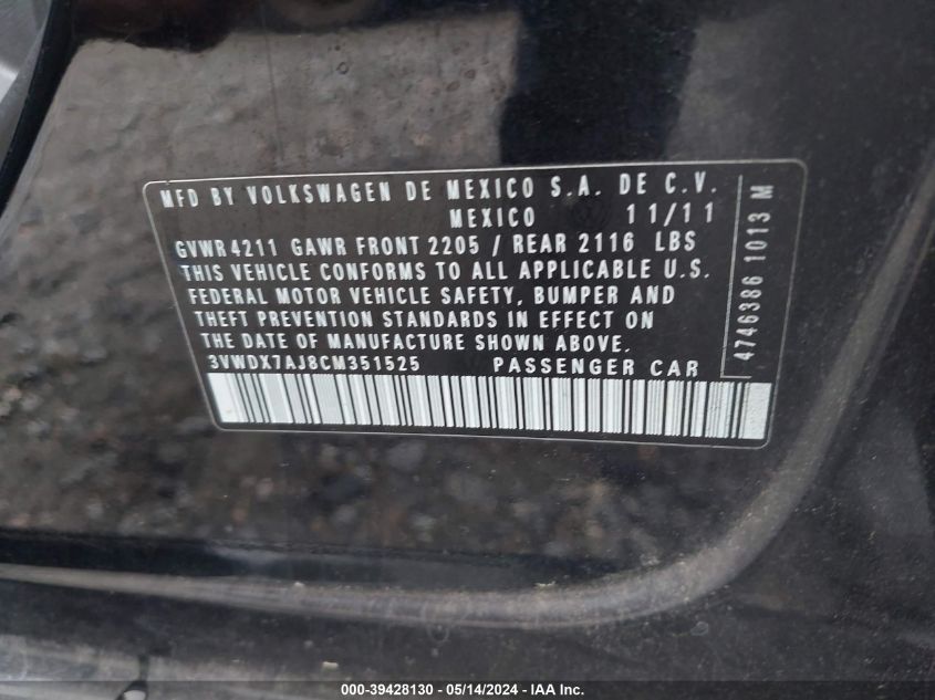 2012 Volkswagen Jetta 2.5L Se VIN: 3VWDX7AJ8CM351525 Lot: 39428130