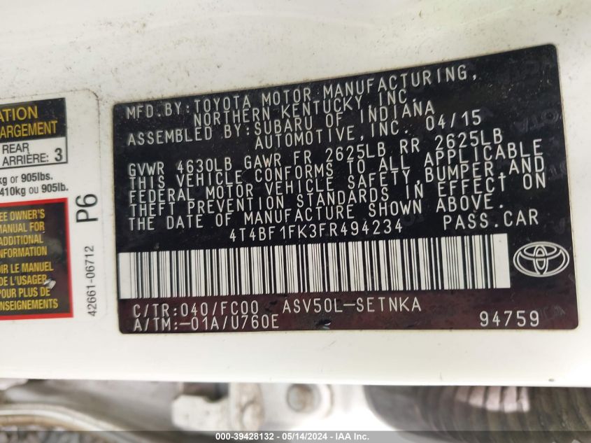 2015 Toyota Camry Le VIN: 4T4BF1FK3FR494234 Lot: 39428132