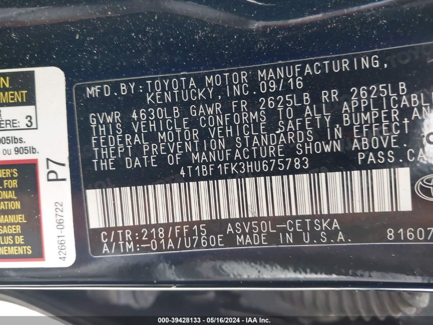 4T1BF1FK3HU675783 2017 Toyota Camry Se