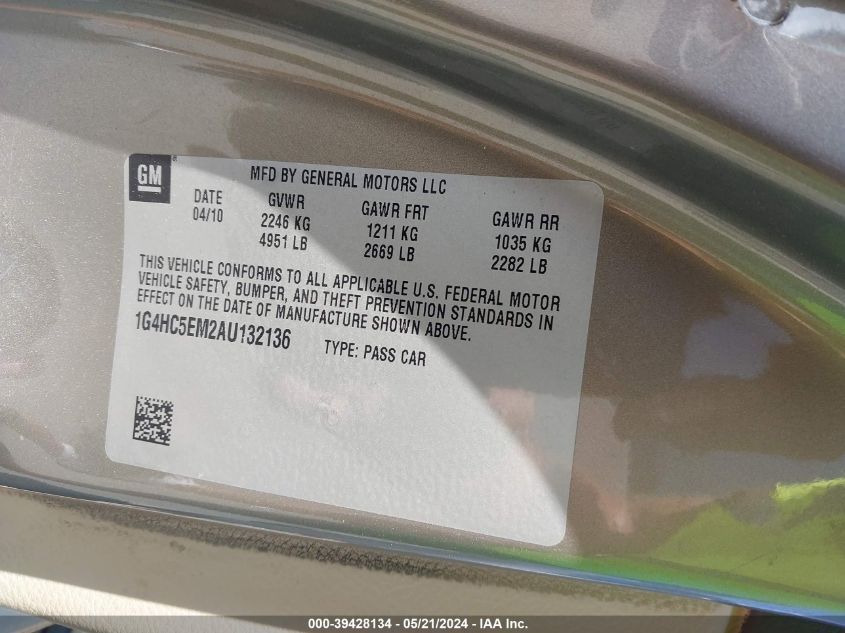 2010 Buick Lucerne Cxl VIN: 1G4HC5EM2AU132136 Lot: 39428134