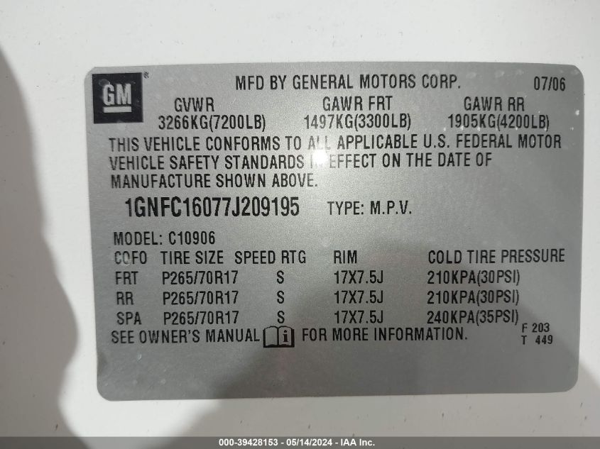 2007 Chevrolet Suburban 1500 Lt VIN: 1GNFC16077J209195 Lot: 39428153