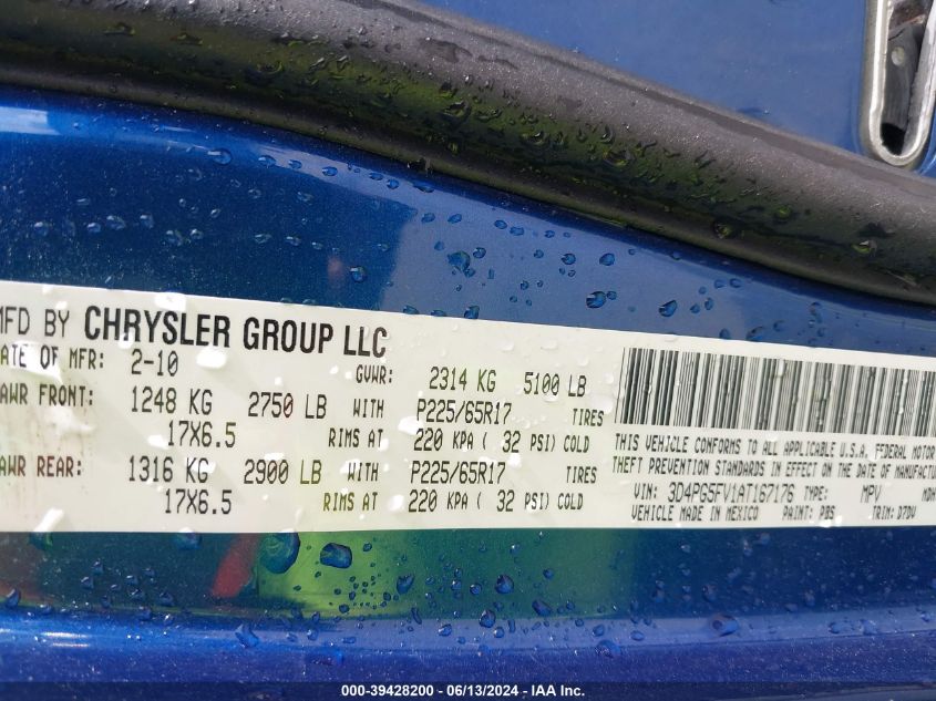 2010 Dodge Journey Sxt VIN: 3D4PG5FV1AT167176 Lot: 39428200