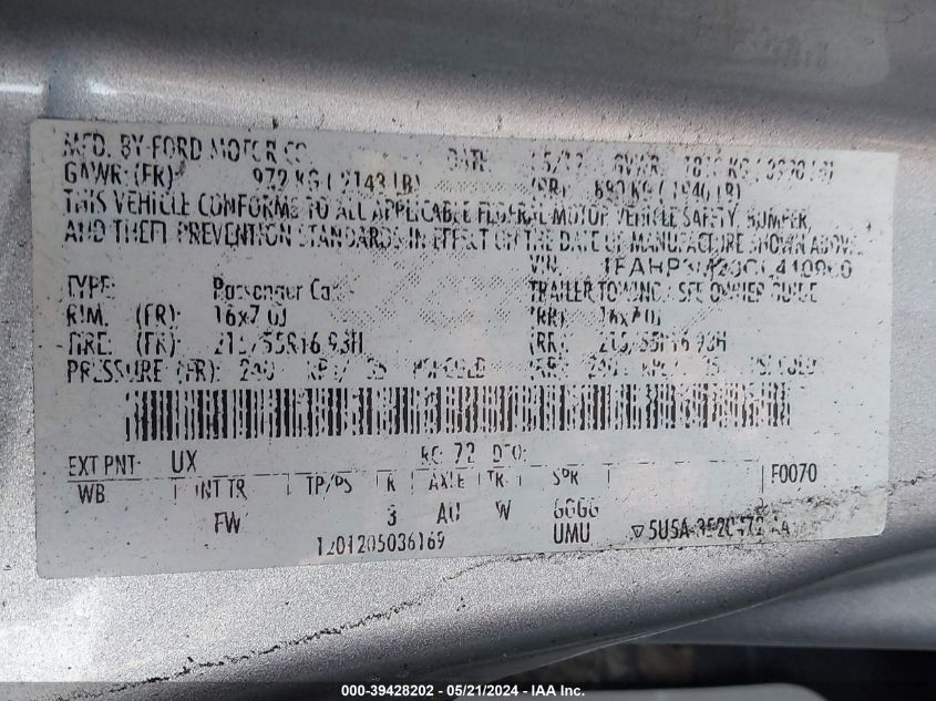 2012 Ford Focus Sel VIN: 1FAHP3M23CL410960 Lot: 39428202