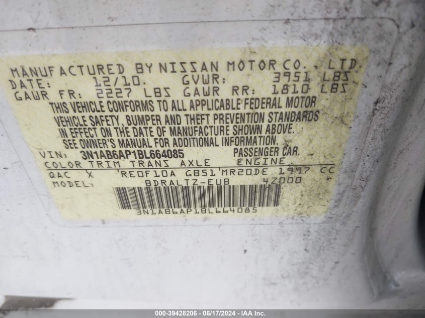 2011 Nissan Sentra 2.0S VIN: 3N1AB6AP1BL664085 Lot: 39428206