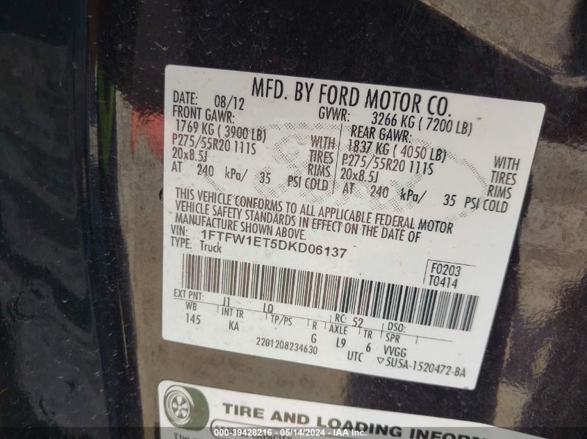 2013 Ford F-150 King Ranch VIN: 1FTFW1ET5DKD06137 Lot: 39428216