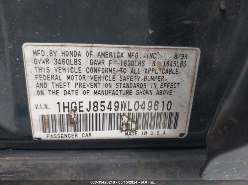 1998 Honda Civic Ex VIN: 1HGEJ8549WL049610 Lot: 39428218
