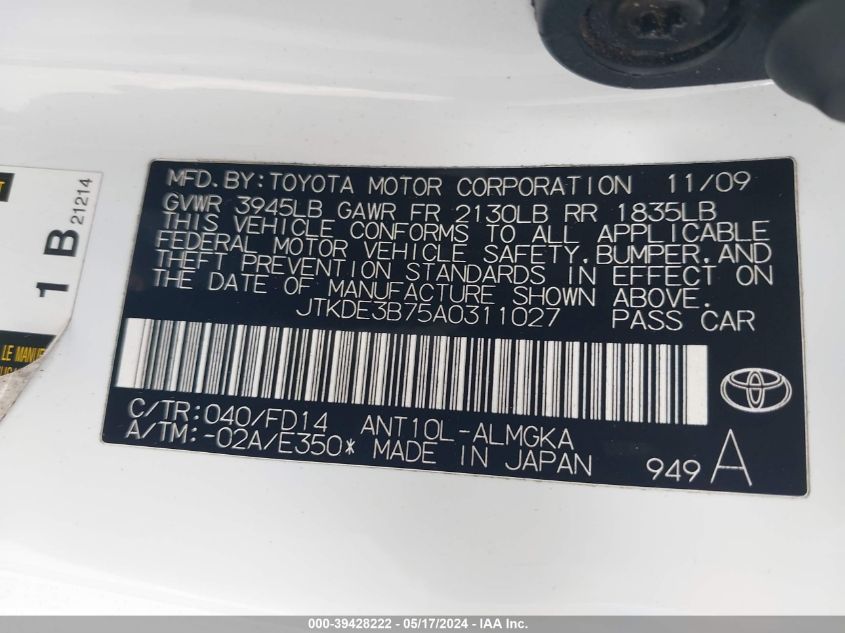 2010 Scion Tc VIN: JTKDE3B75A0311027 Lot: 39428222