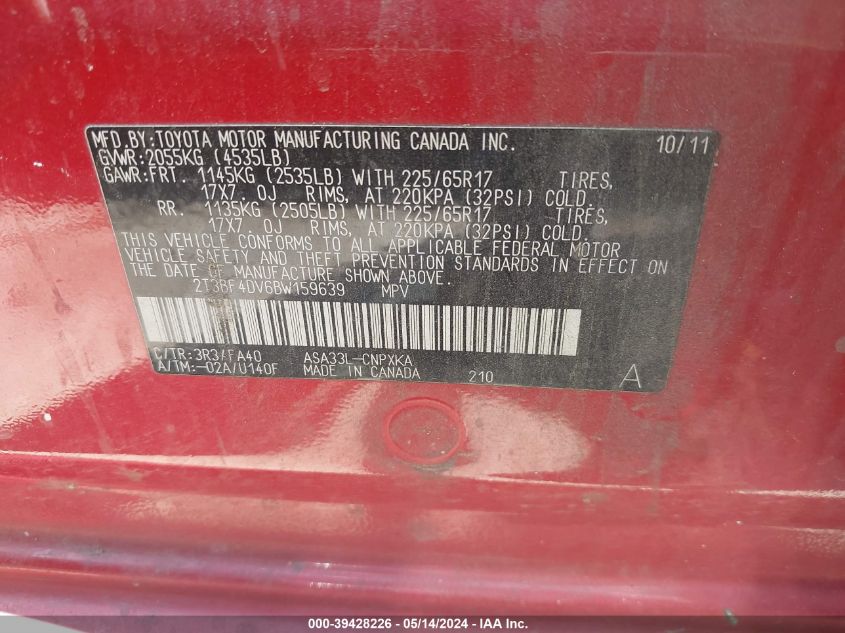 2011 Toyota Rav4 VIN: 2T3BF4DV6BW159639 Lot: 39428226