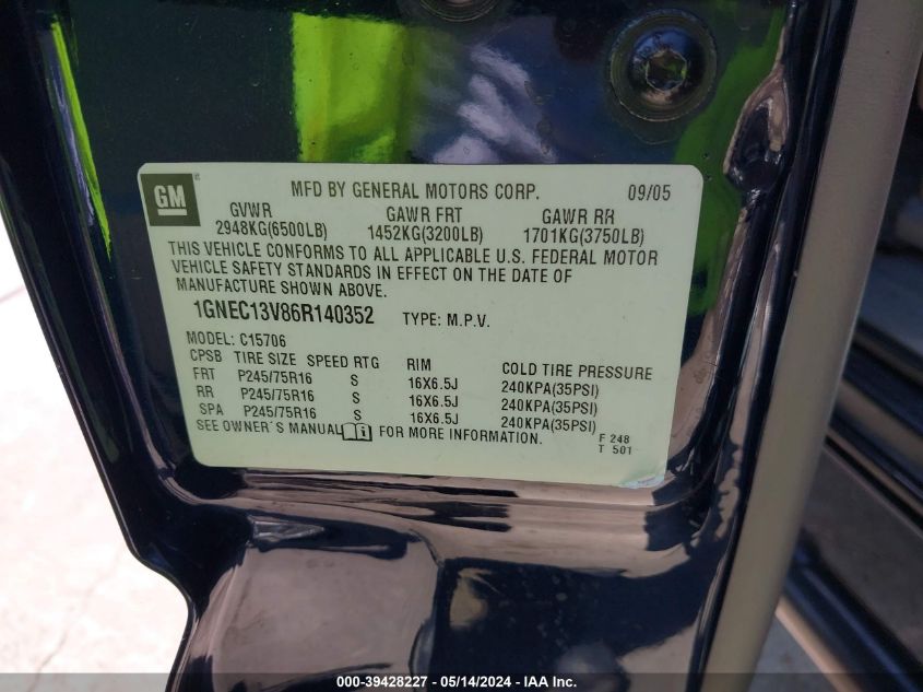 2006 Chevrolet Tahoe Ls VIN: 1GNEC13V86R140352 Lot: 39428227