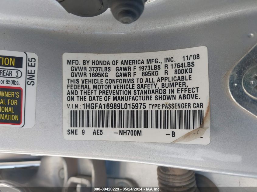 2009 Honda Civic Ex-L VIN: 1HGFA16989L015975 Lot: 39428229
