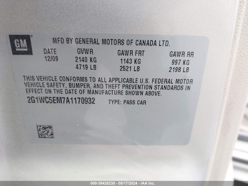 2010 Chevrolet Impala Ltz VIN: 2G1WC5EM7A1170932 Lot: 39428230