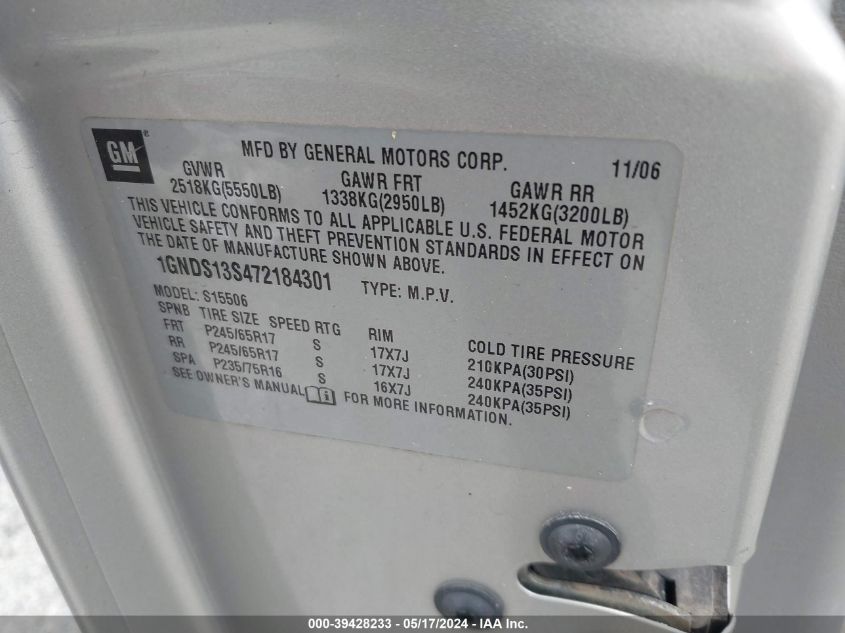 2007 Chevrolet Trailblazer Ls VIN: 1GNDS13S472184301 Lot: 39428233