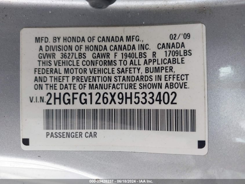 2009 Honda Civic Lx VIN: 2HGFG126X9H533402 Lot: 39428237