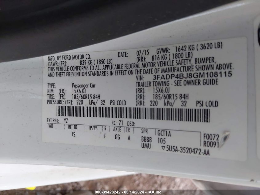 2016 FORD FIESTA SE - 3FADP4BJ8GM108115