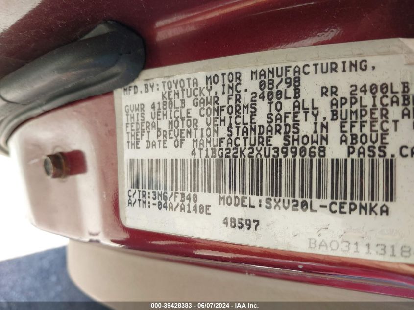 1999 Toyota Camry Le VIN: 4T1BG22K2XU399068 Lot: 39428383