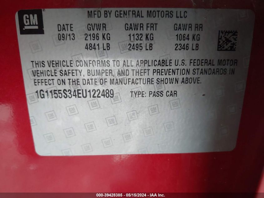 2014 Chevrolet Impala 2Lz VIN: 1G1155S34EU122489 Lot: 39428385