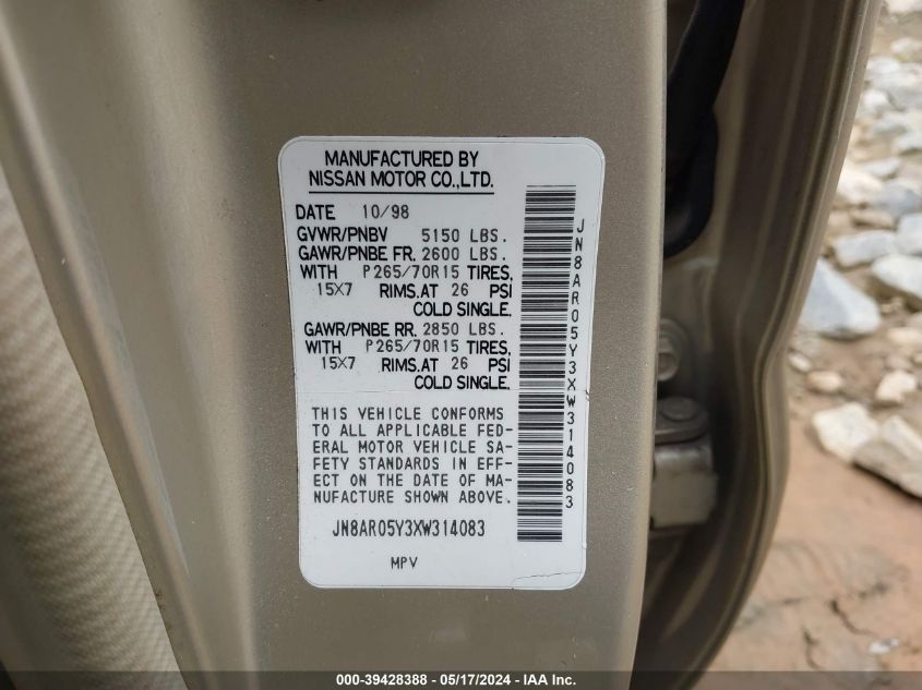 1999 Nissan Pathfinder Le/Se/Xe VIN: JN8AR05Y3XW314083 Lot: 39428388